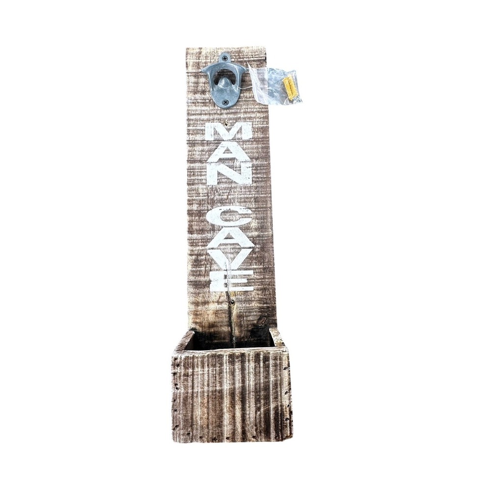 Wall Mounted Bottle Opener OS Brown Rustic Wood Man Cave Garage Cap Catcher